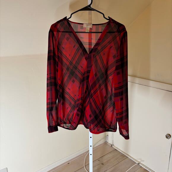 Loft EUC Women's Sheer Red Plaid Faux Wrap Blouse Size L - Picture 1 of 5